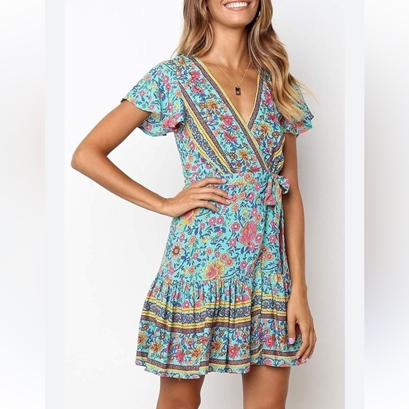 Summer Wrap V Neck Dresses Bohemian Floral Print Ruffle Swing XL - Picture 4 of 14